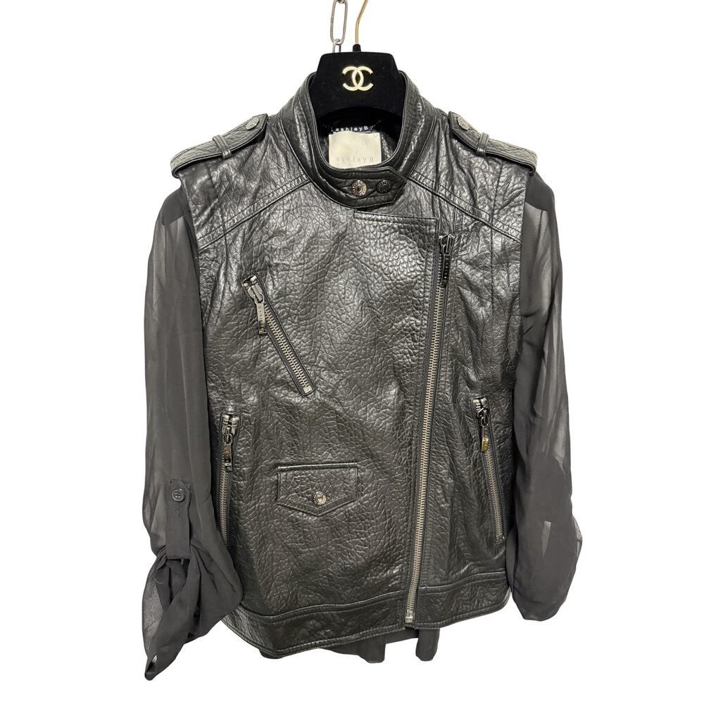 Ashley B Jacket Womens XS Black Mixed Media Leather Moto Asym Zip Sheer Sleeves